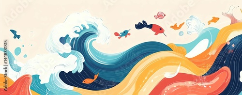 conceptual wave fantasy Colorful waves with playful fish in the ocean.