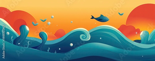 conceptual wave fantasy Vibrant ocean waves under sunset skies.