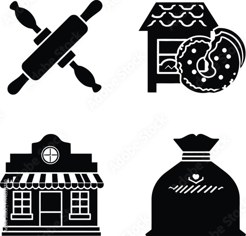 Bakery shop icons baking tools and sweet treats vector illustration for business and design needs