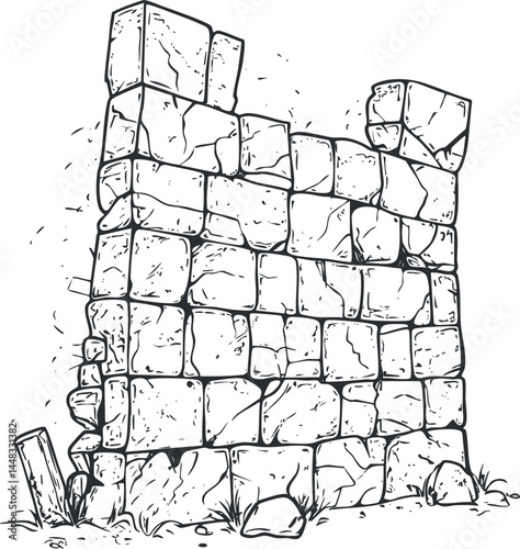 Black and white line drawing of an old cracked stone wall ruin from a medieval castle or fortress
