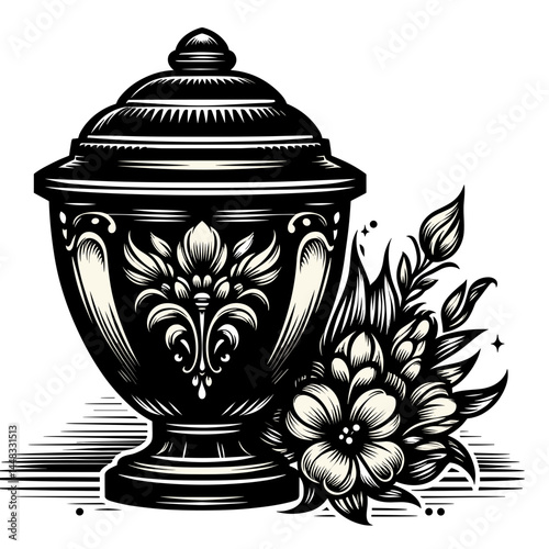 Funeral urn with floral design in black and white style  