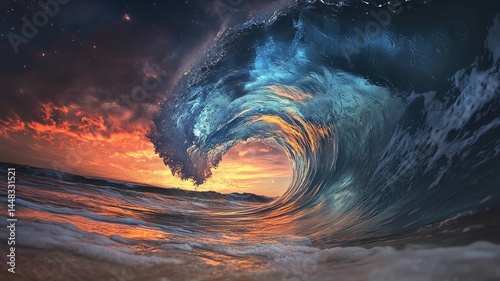 conceptual wave fantasy Majestic ocean wave at sunset with vivid colors.