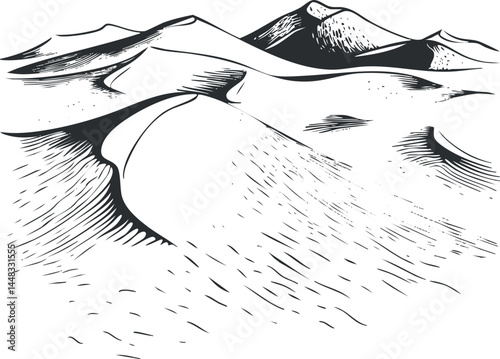Black and white illustration of a desert landscape with sand dunes and distant mountains