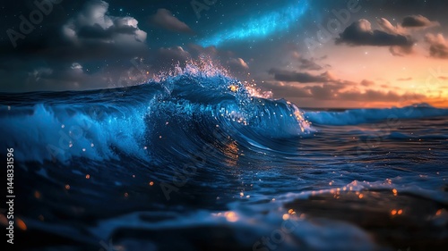conceptual wave fantasy Majestic waves under a starry sky.