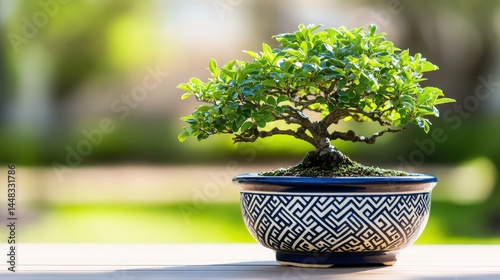 A beautifully arranged bonsai tree in a decorative pot, set against a serene garden backdrop