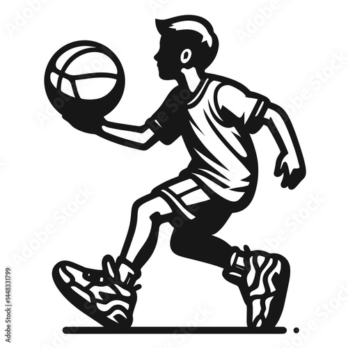 Young Boy Dribbling Basketball in Dynamic Motion  