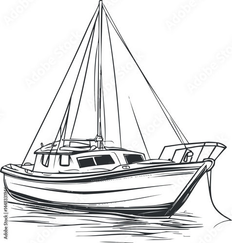 Black and white line drawing of a sailboat with mast and sails on water, nautical vessel