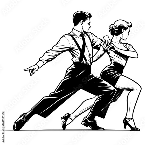 Lindy Hop dancing couple performing with passion on a white background  