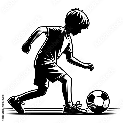 Young boy kicking soccer ball in dynamic silhouette style  