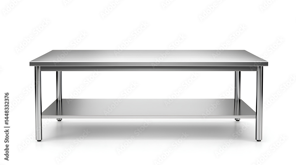 A large silver table with a shelf underneath it A large silver table with a shelf underneath it