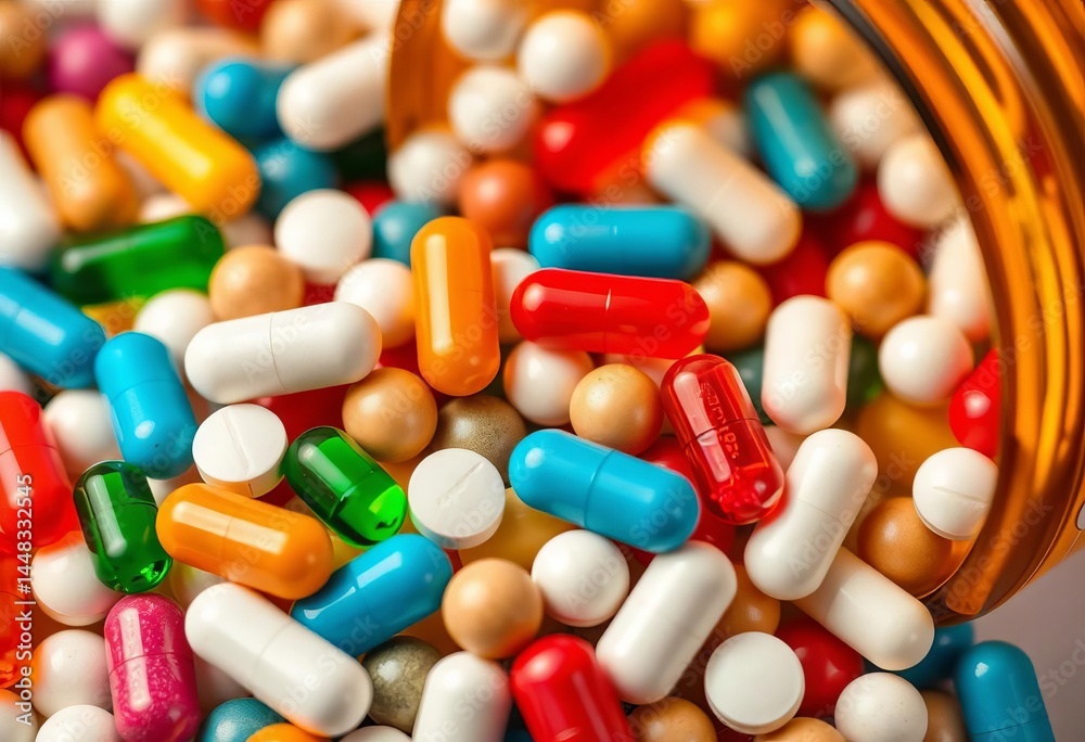Close-up of assorted pills and capsules in a bottle, ointment, health care Close-up of assorted pills and capsules in a bottle, ointment, health care
