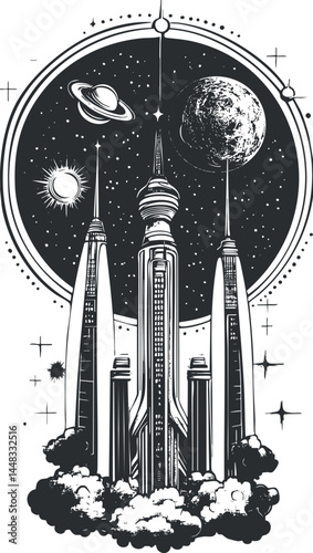 Black and white illustration of a rocket launch with celestial bodies and tall futuristic towers in space