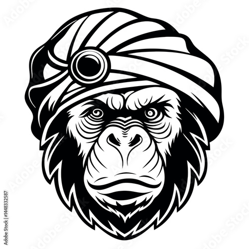 Gorilla Face Detailed Silhouette With Turban Headwear on Transparent Background