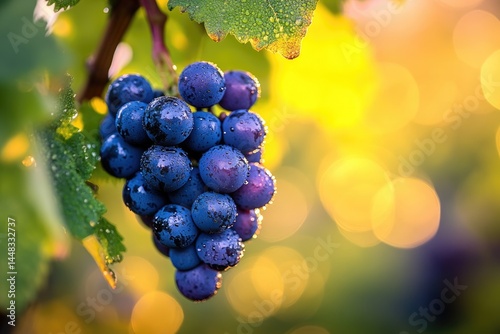 A close-up of a bunch of ripe dark grapes with water droplets, hanging from a vine with a blurred golden background.
