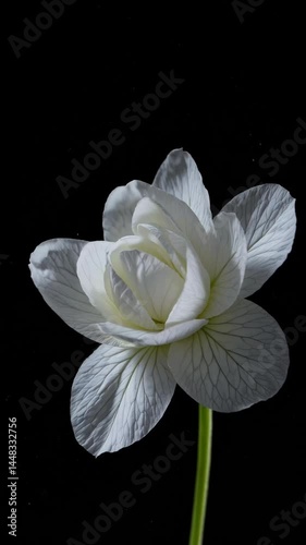 Timelapse of white flower blooming against black background at high resolution