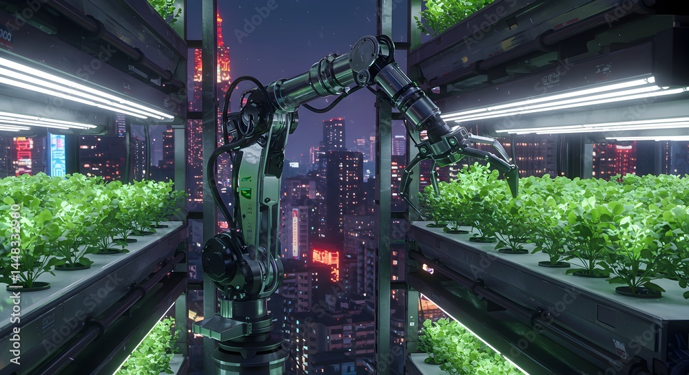 Fototapeta premium Futuristic Vertical Farm: Robotic Automation in Urban Agriculture, Night Cityscape