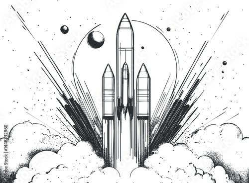 Black and white illustration of a rocket launch with smoke and planets in space background