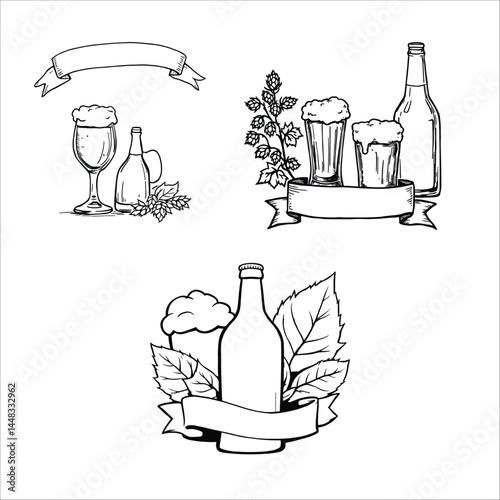 Beer bottle glass hop vector illustration brewery pub bar alcohol drink craft beer label design template