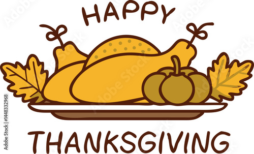 Happy Thanksgiving Platter Cartoon Turkey, Pumpkin, Autumn Leaves