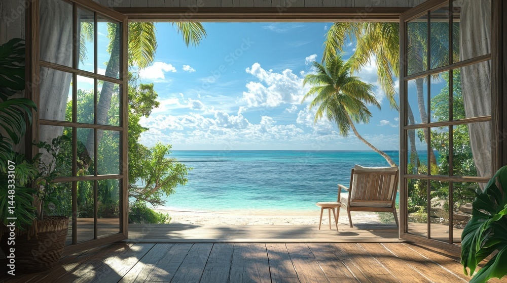 Obraz premium Serene Beach View Through Open Wooden Doors