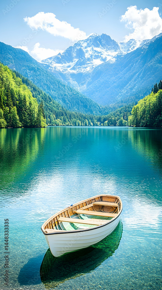 Serene mountain lake scene with a small rowboat gently resting on its crystal-clear waters Serene mountain lake scene with a small rowboat gently resting on its crystal-clear waters