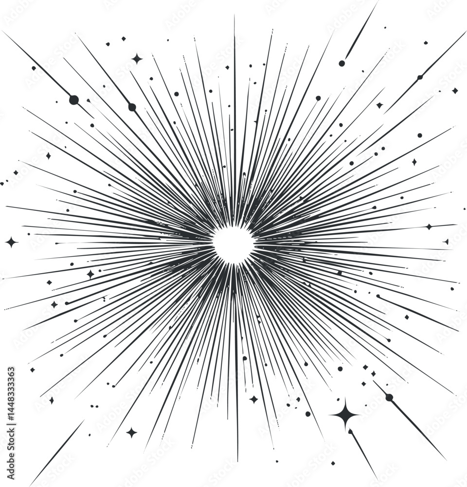 Obraz premium Black and white starburst design with radiant lines and sparkles creating a vintage decorative effect