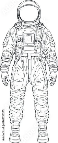 Detailed black and white line drawing of a full astronaut space suit with helmet and gear for space exploration.