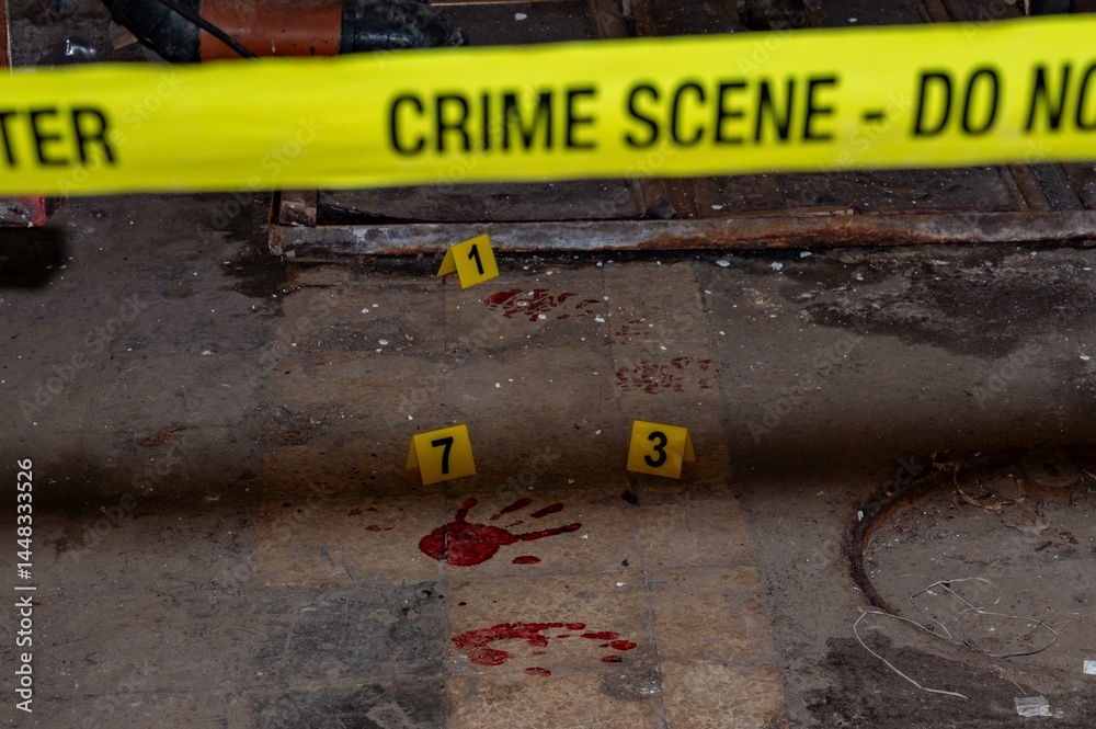 Forensic Crime Scene Investigation with Bloodstains and Numbered Markers