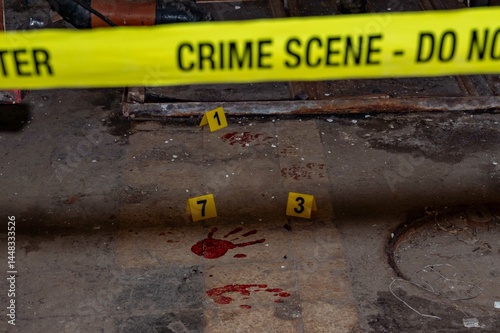 Obraz na płótnie Forensic Crime Scene Investigation with Bloodstains and Numbered Markers w salonie