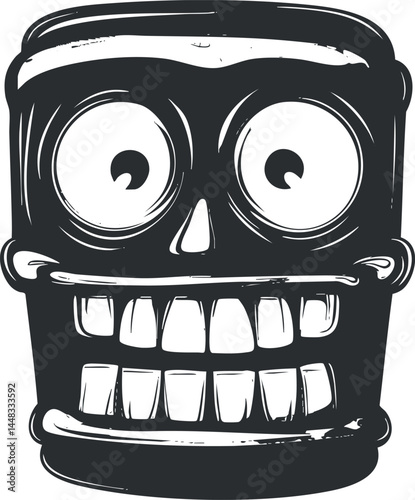 Black and white cartoon robot face with wide eyes and big toothy smile illustration