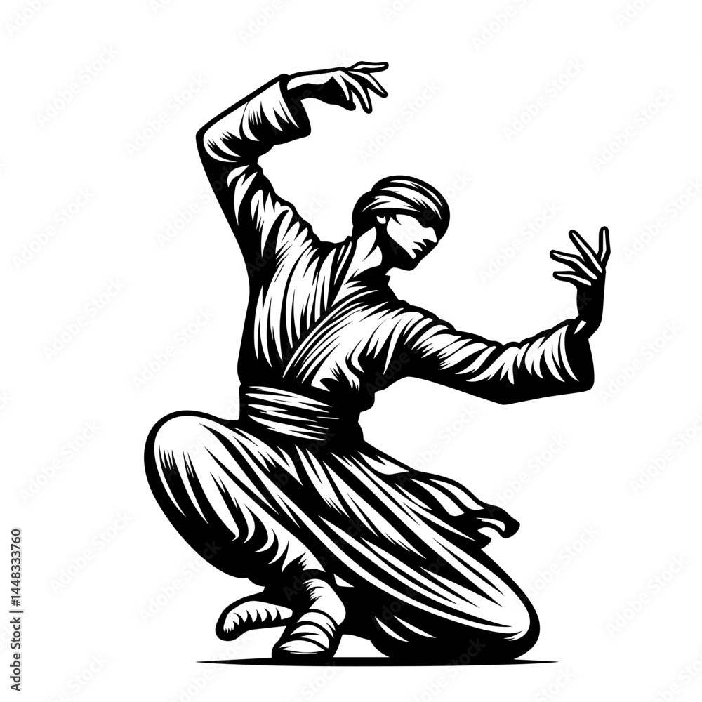 Fototapeta premium Sirtaki dance illustrated in a dynamic pose against a white background 