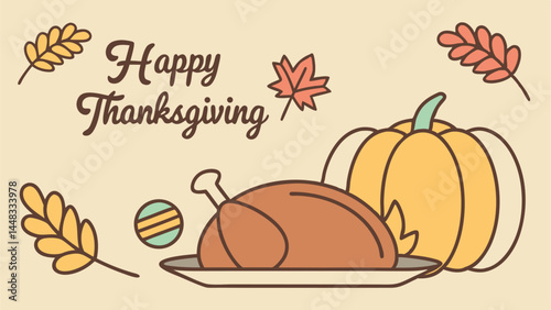 Thanksgiving Cartoon with Turkey, Pumpkin, and Festive Leaves on Beige Background