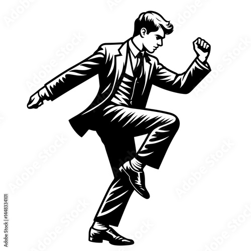 Young man performing Irish jig dance in formal attire on white background  