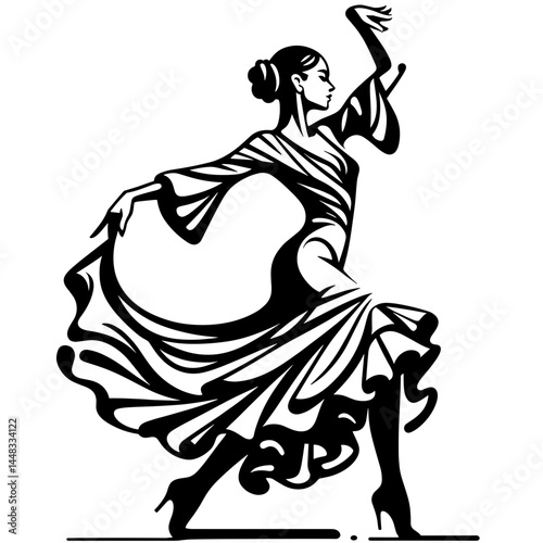 Flamenco dancer expressing passion in a stylized black and white illustration  