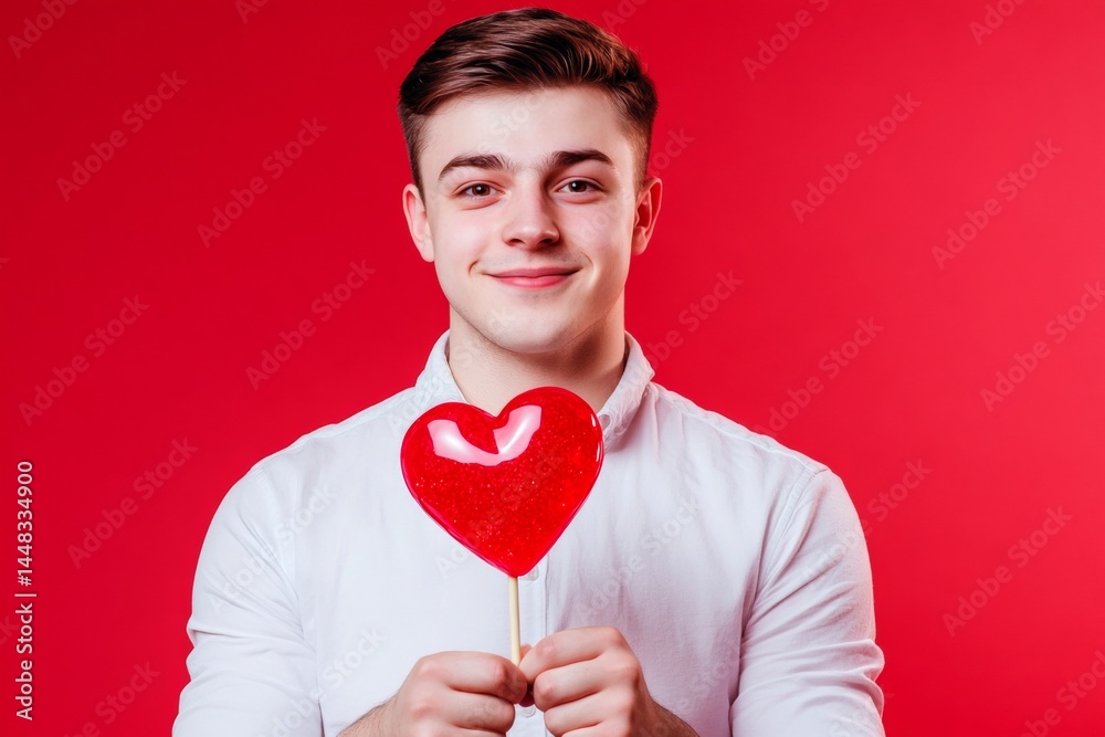 Isolated white young man on red background with lollipop heart in hands. Professional studio image, copy space. Cute Valentine's Day greeting.
