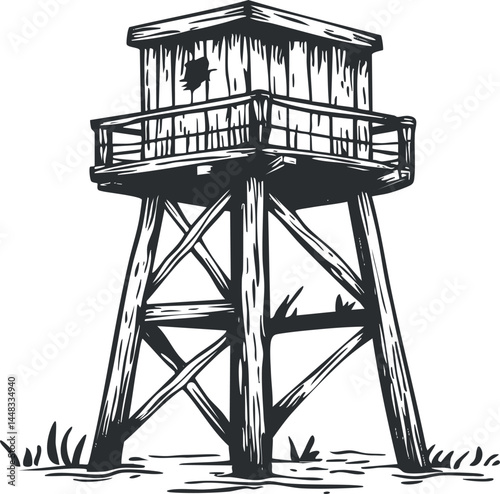 Vintage black and white sketch of a wooden watchtower with observation platform and fence