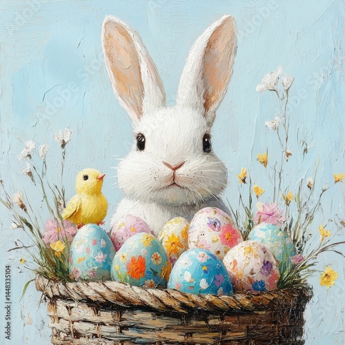 White Bunny and Yellow Chick with Colorful Easter Eggs in a Spring Basket