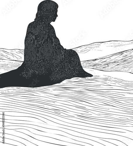 Silhouette of a woman sitting in meditation on sand dunes in a peaceful desert landscape
