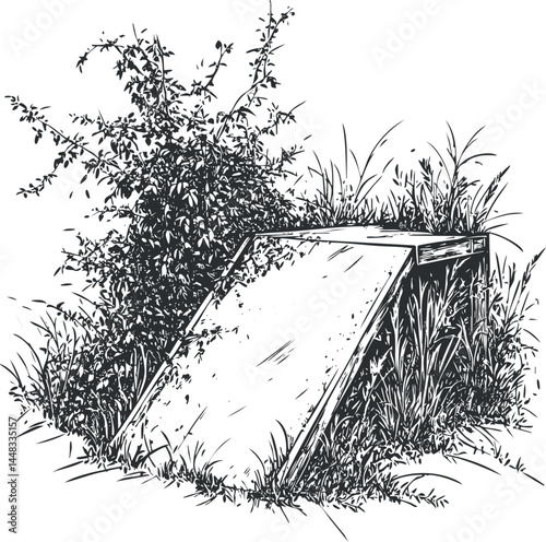 Black and white illustration of an old underground bunker entrance overgrown with grass and bushes, symbolizing concealment and survival.
