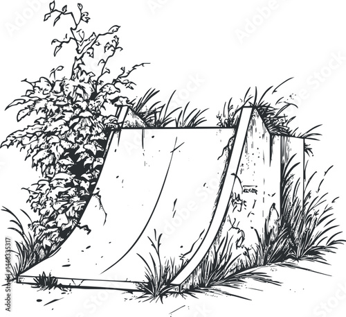 Black and white illustration of a concrete skateboard ramp surrounded by grass and plants in an outdoor urban setting.