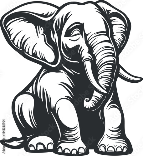 Black and white illustration of a baby elephant sitting with large ears and tusks, cute wildlife drawing.
