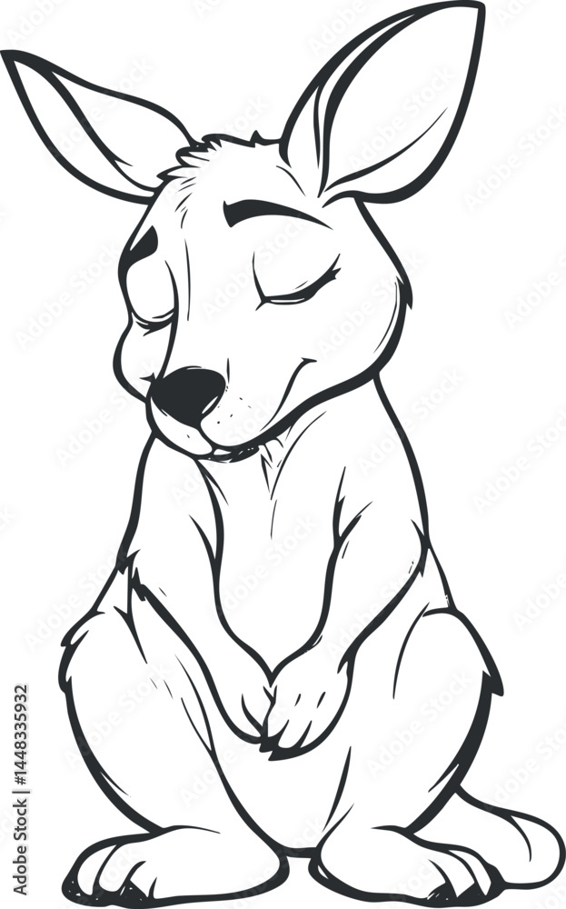Fototapeta premium Black and white cartoon illustration of a cute kangaroo sitting with eyes closed in peaceful pose