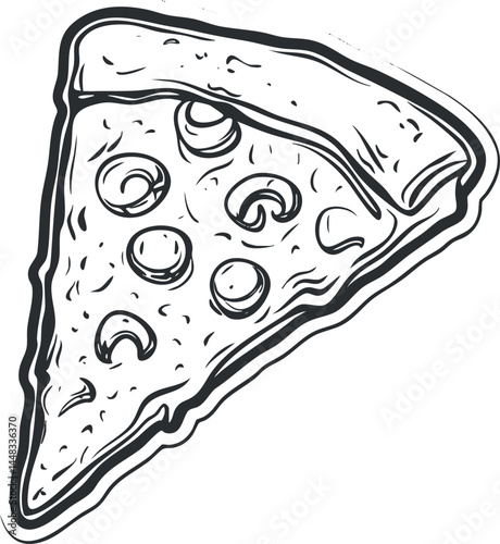 Black and white line art drawing of a pizza slice with mushrooms and pepperoni toppings