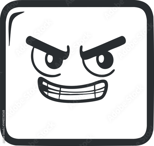 Bold cartoon angry face icon with intense expression and fierce grin in black and white