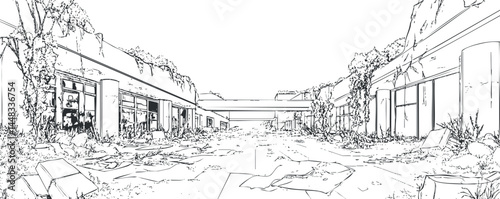 Black and white line art of an abandoned urban street with overgrown plants and decaying buildings