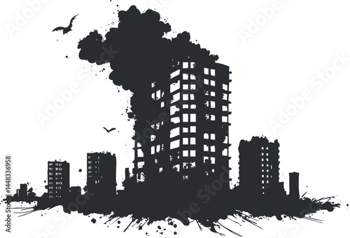 Silhouette of burning highrise building in city skyline with smoke plume and urban destruction