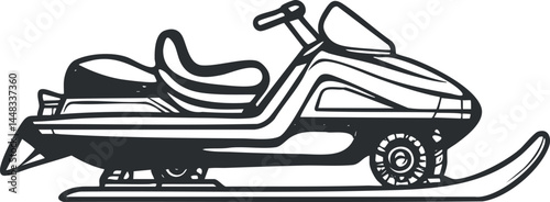 Black and white illustration of a snowmobile vehicle used for winter outdoor recreation and travel on snow.