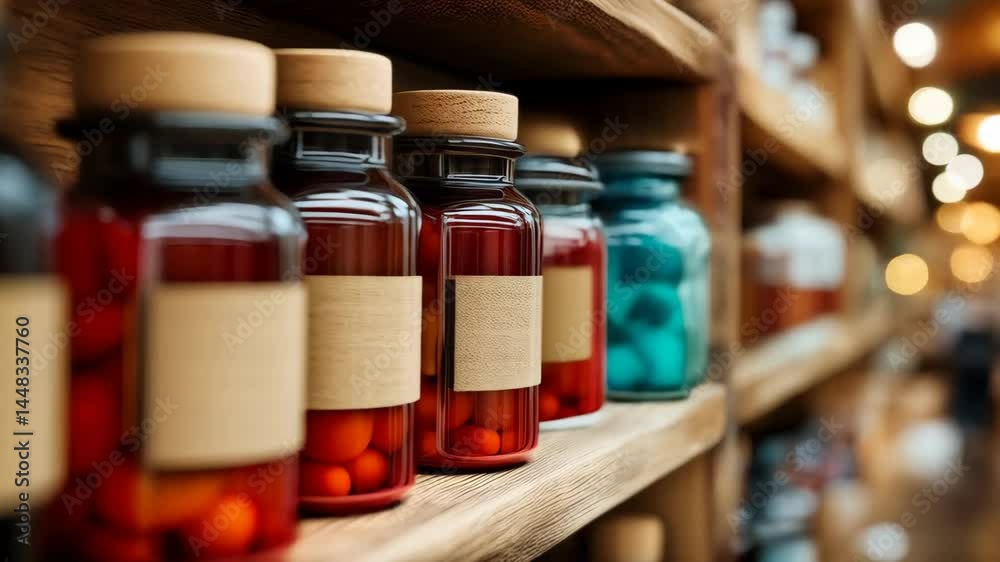 Vintage glass apothecary bottles with blank labels sit in a row on wooden shelves against a warmly blurred background.