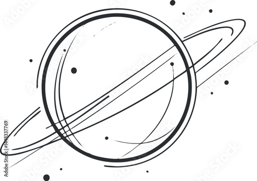 Black and white line art illustration of a ringed planet in space with scattered stars and celestial objects.