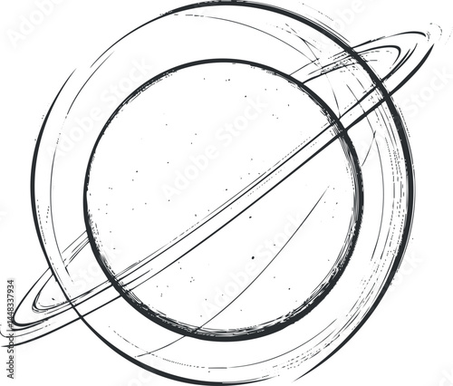 Black and white abstract sketch of a planet with rings representing planetary orbit and space.